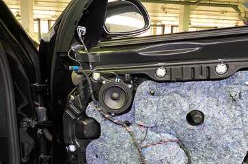 Image of inside front Door trim panel with loudspeaker stereo/HiFi installation in front door of...