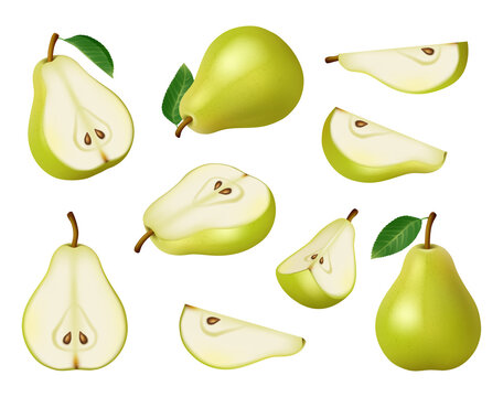Pears collection. Green and yellow delicious healthy fruits decent realistic vector pictures set isolated