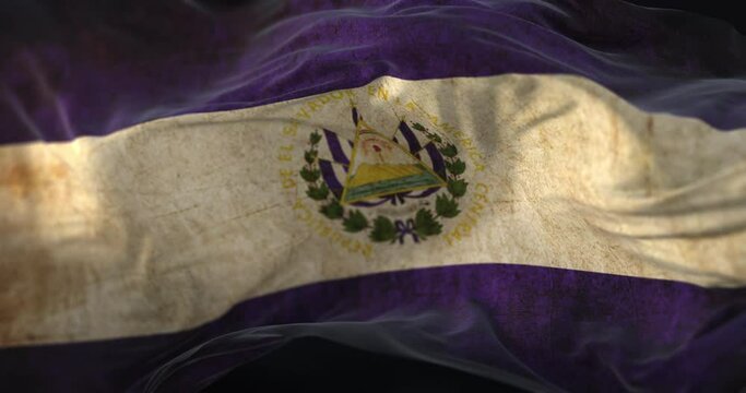 Old El Salvador Flag waving at wind. Loop
