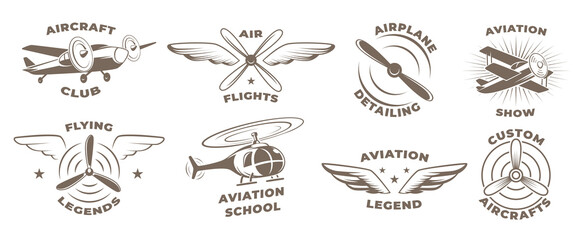 Airplanes badges. Aviators symbols propellers wings of airplanes exact vector labels with place for text © ONYXprj