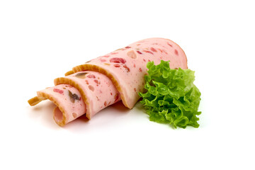 Sliced boiled ham, Mortadella sausage, isolated on white background.