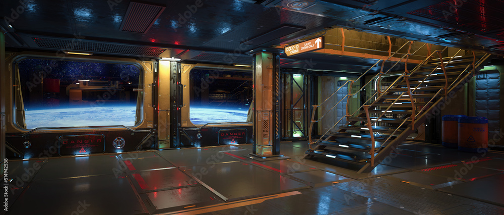 Poster Cinematic 3D rendering of science fiction spaceship interior with staircase to upper deck and window view of planet surface.