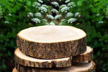 A column of round wooden bars, a podium for products