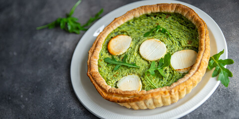 green savory pie spinach tart cheese fresh healthy meal food snack on the table copy space food background