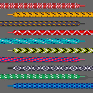 Shoelace designs. Different types of ropes boots shoelaces templates set recent vector collection