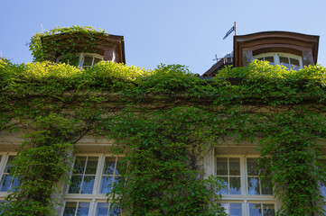 Palace in Łężany, Poland - June 23, 2022 - palace with a park complex and farm buildings located in the village of Łężany.