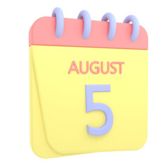 5th August 3D calendar icon. Web style. High resolution image. White background