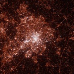 Nottingham city lights map, top view from space. Aerial view on night street lights. Global networking, cyberspace