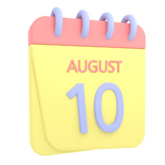 10th August 3D calendar icon. Web style. High resolution image. White background