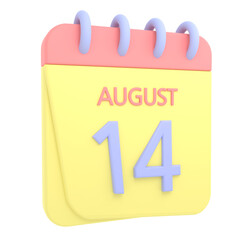 14th August 3D calendar icon. Web style. High resolution image. White background