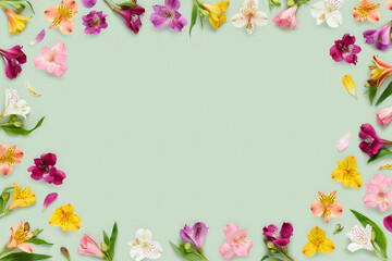 Floral frame border of assorted Alstroemeria flowers, also known as Peruvian lily or lily of the Incas, leaves buds and petals on green background top view flat lay