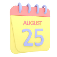 25th August 3D calendar icon. Web style. High resolution image. White background