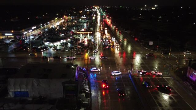 Flying above A Gridlocked intersection at night during the Freedom Protests