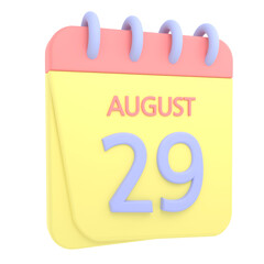 29th August 3D calendar icon. Web style. High resolution image. White background