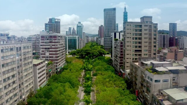 Aerial flyover famous greened Renai avenue (仁愛路)with trees and traffic in Taipei city, Taiwan - Skyline of Taipei in background