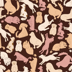 Vector seamless pattern with different dogs drawn in doodle style.
