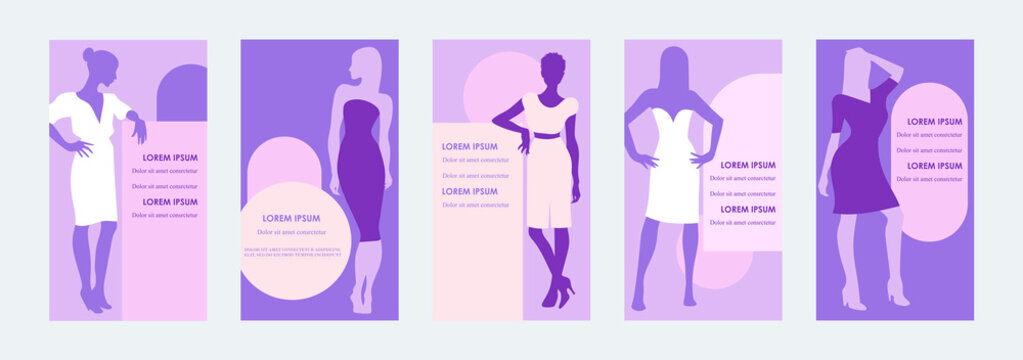 Set of templates for stories. Women's silhouettes in beautiful dresses. Fashion and beauty. Photo poses. Women Health. Flat vector illustration.