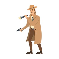 Detective with mustache vector illustration. Cartoon character in coat and hat, investigator or inspector solving mystery isolated on white