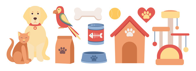 Pet shop icon set. Pet food, pet furniture, cat tower and scratching post, dog house, parrot, dog and cat and pet supplies. Vector flat illustration 