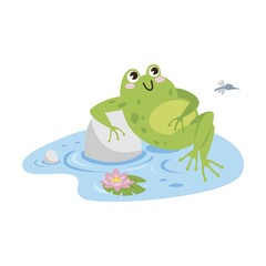 Cute frog cartoon character vector illustration. Drawings of green toads jumping, sitting in pond with lotus, catching dragonflies isolated on white