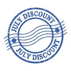 JULY DISCOUNT, text written on blue postal stamp.