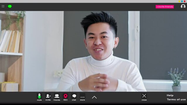 Online webinar. Speaker greeting viewers. Happy smart guy having training seminar in his office