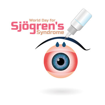 World Sjögren's Syndrome Day, eyes with artificial tears falling on them to moisturize on a white background.