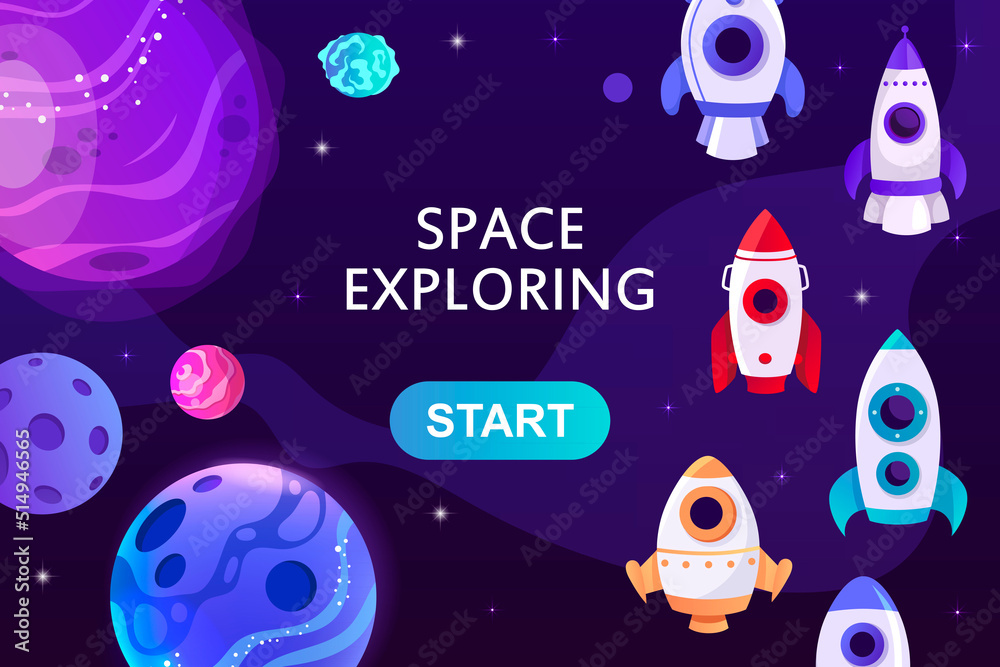 Wall mural landing page template. presentation design. space, planets and rocket. website template. vector mode