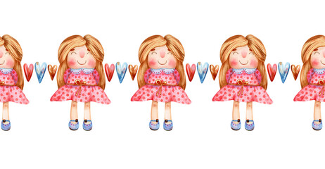 Seamless horizontal border with doll, girl, hearts. Cute kids illustration for banners, frames, greeting cards design