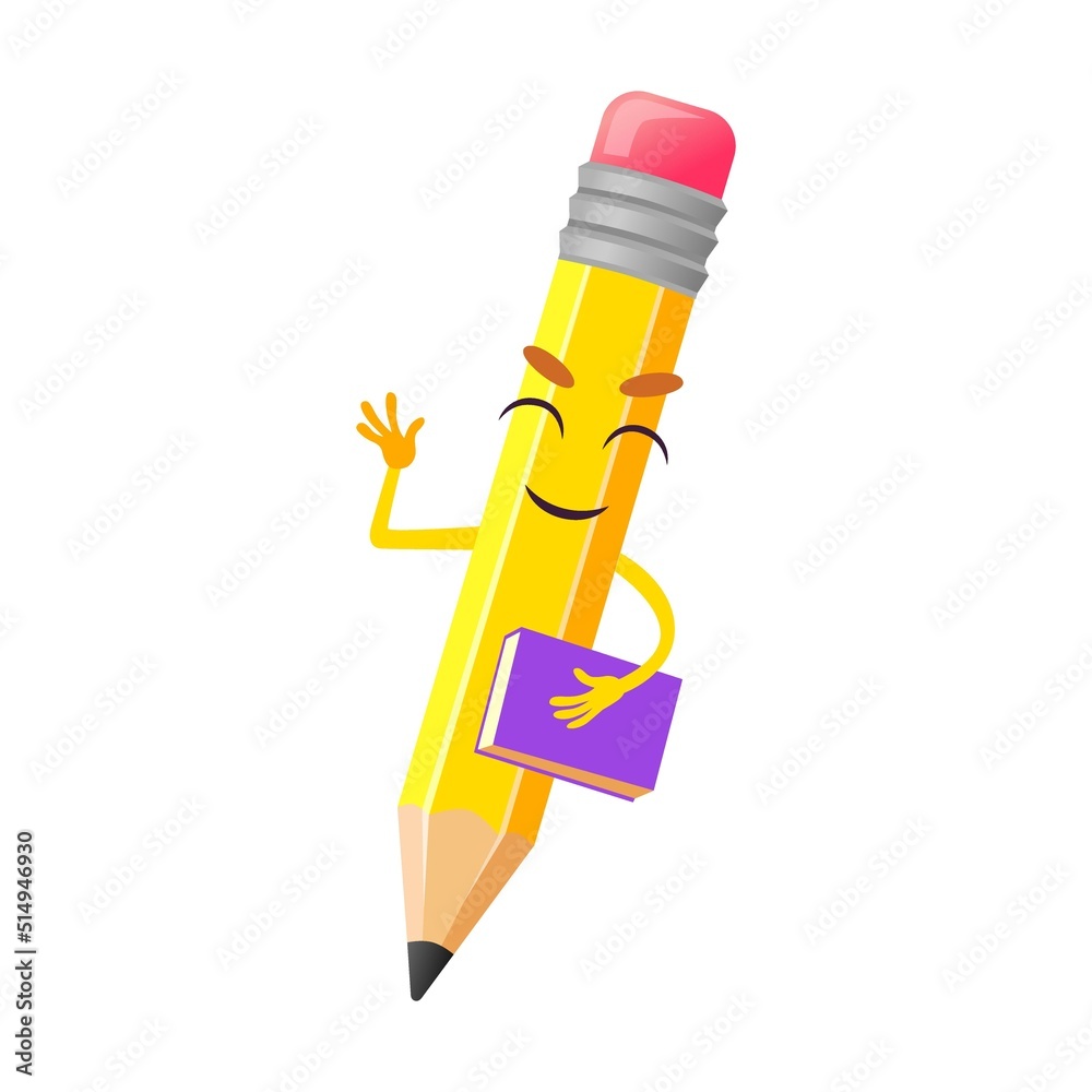 Wall mural cute pencil cartoon character vector illustration. funny and happy comic writing tool with smiling f