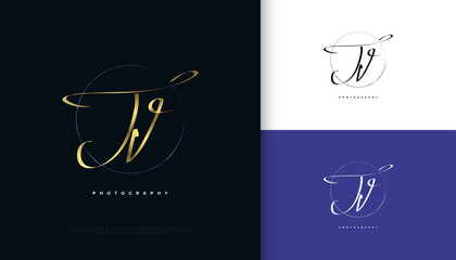 JV Initial Signature Logo Design with Elegant and Minimalist Gold Handwriting Style. Initial J and V Logo Design for Wedding, Fashion, Jewelry, Boutique and Business Brand Identity - obrazy, fototapety, plakaty