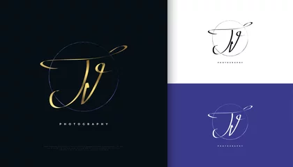 Fotobehang JV Initial Signature Logo Design with Elegant and Minimalist Gold Handwriting Style. Initial J and V Logo Design for Wedding, Fashion, Jewelry, Boutique and Business Brand Identity © WzKz