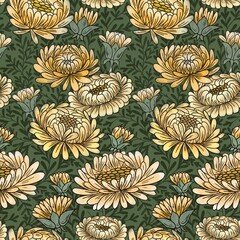 Seamless vintage floral pattern of yellow chrysanthemums on a green background