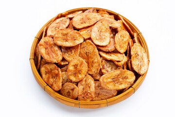 Banana chips on white background.