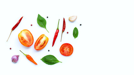 Cooking ingredients, Various fresh vegetables and herbs on white background.