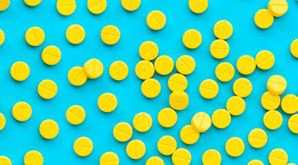 Yellow tablets of Paracetamol on blue background.