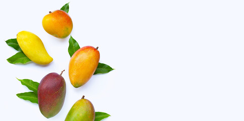 Tropical fruit, Mango  with leaves on white background.