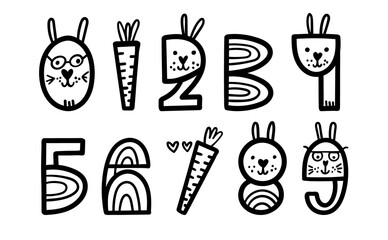 Bunny Stylized Number Set. Liner Easter Clip art with numerals. Vector illustration.