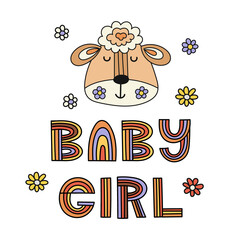 Retro stylized nursery poster with a sheep - Baby Girl. Vector illustration.