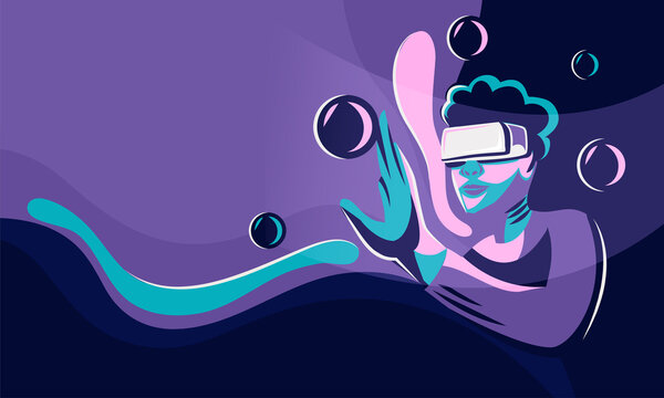 Vector Illustration Of Human Touching A Virtual Object Through VR Box On Purple And Blue Background.