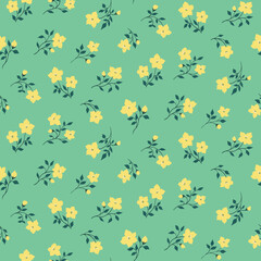 Seamless floral pattern, cute ditsy print with small yellow flowers on a pastel green field. Pretty botanical background with tiny decorative plants, small flowers, leaves on thin twigs. Vector.