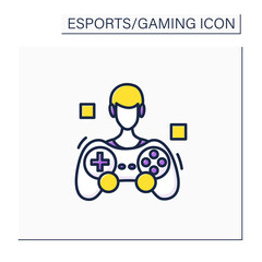 Game player color icon. Video game fan. People like to play games, take part in esports competitions. Gamer. Cybersport concept. Isolated vector illustration
