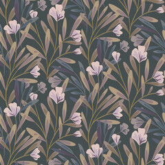 Seamless floral pattern, mystical ditsy print with flowers branches, lush dark foliage. Cute botanical background with autumn botany, hand drawn flowers, leaves on branches. Vector illustration.