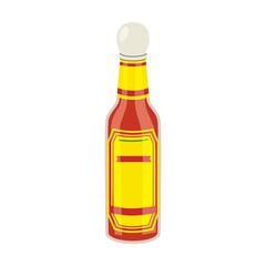 Ketchup, hot tomato and chili sauces in bottles, red and yellow peppers isolated on white background. Spicy sauce in bottle vector illustration