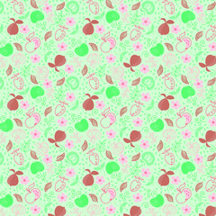 Seamless vector pattern. Green, brown, pink apples with outline and filling. Apple mood. Flowers.Leafs. For digital use. On a green background. For printing on paper, fabric.Modern design. Digital
