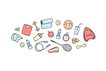 Sports doodle icon set concept. Design elements of a sports invert, a healthy lifestyle. Vector illustration