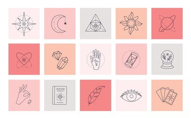 Esoteric elements collection. Magic icons minimalist symbols, Hand drawn linear vector illustration