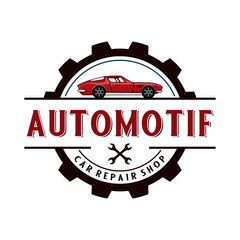 vintage automotive logo design. classic car in frame with wrench symbol, for car repair shop