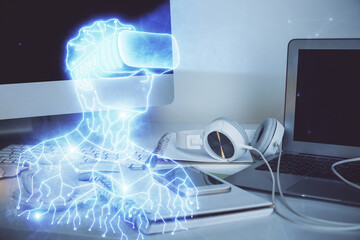 Computer on desktop with AR theme icon. Multi exposure. Concept of augmented reality.