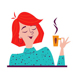 Mid-century woman holding a cup of tea or coffee and cheering up. Cartoon 60s style - retro vector illustration